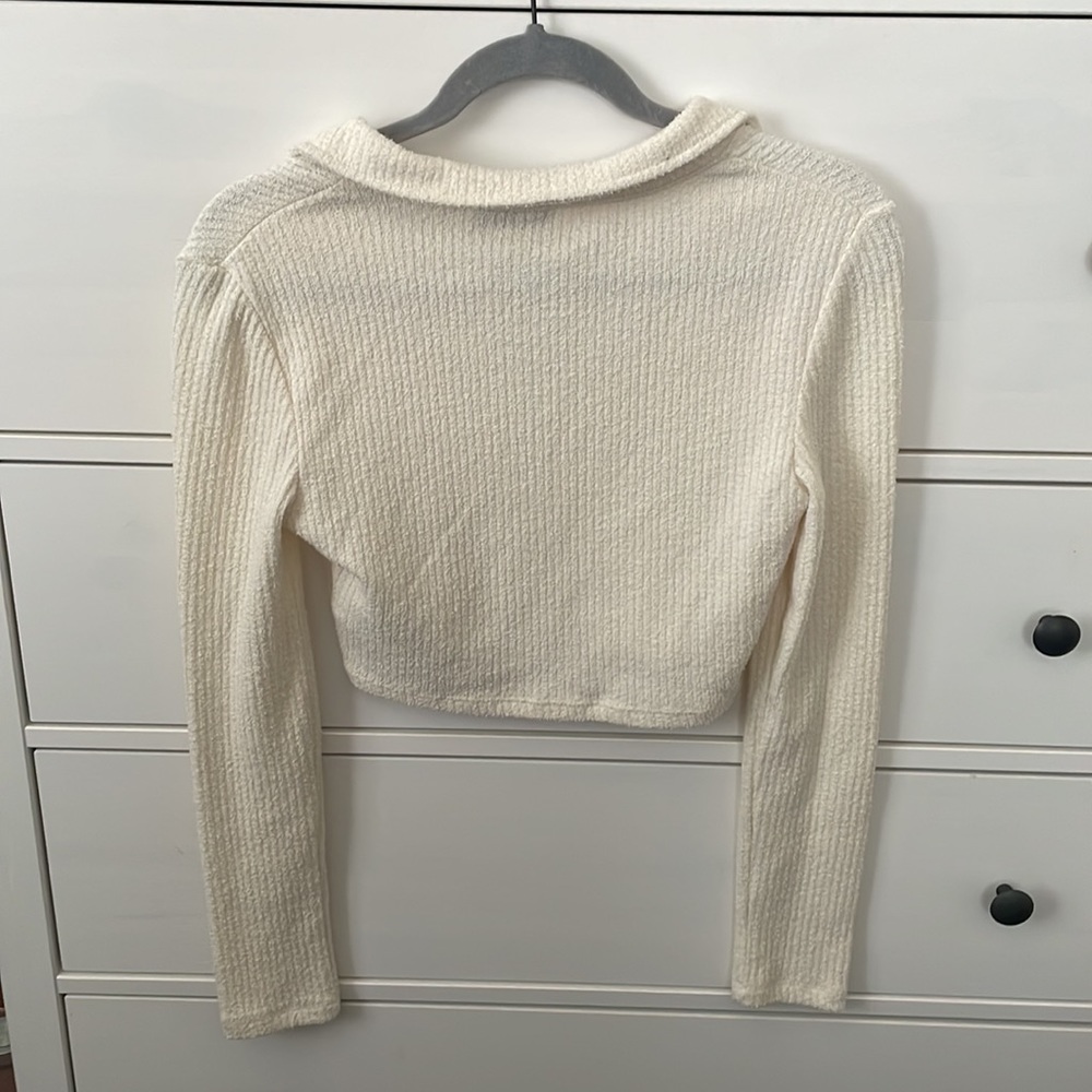 Topshop Collared Ribbed Crop Top In Cream-white - Picture 2 of 3